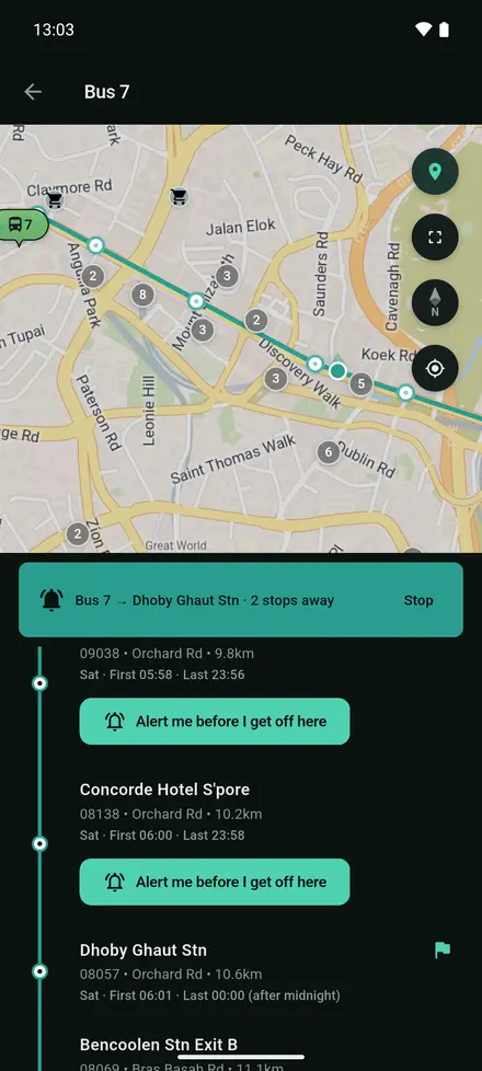 In-app banner “Bus 7 → Dhoby Ghaut Stn · 2 stops away” over the route map