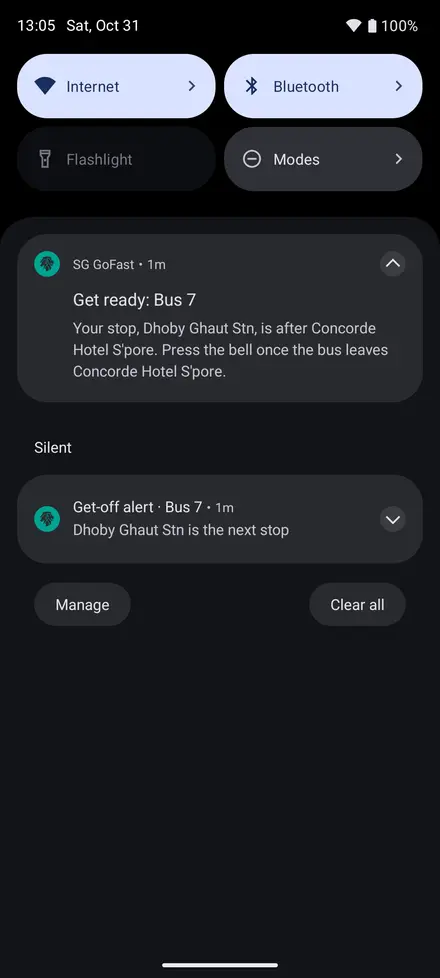 Notification “Get ready: Bus 7” saying the stop is after Concorde Hotel S'pore