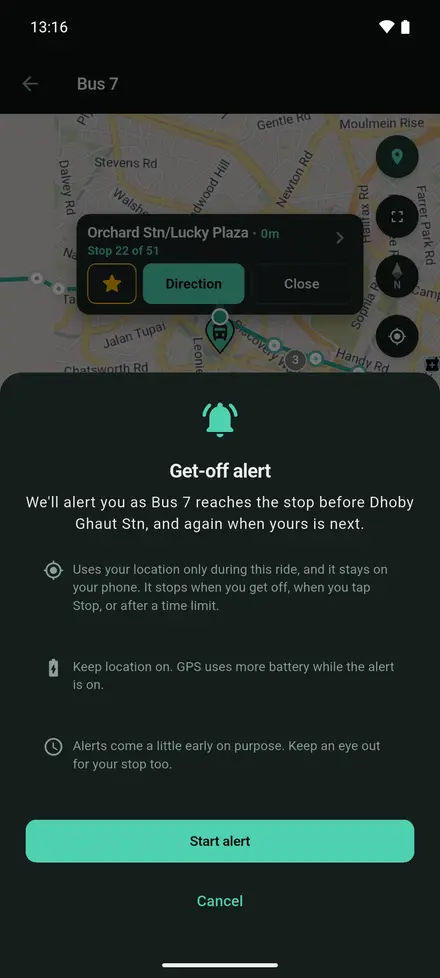 The get-off alert sheet in SG GoFast with the Start alert button