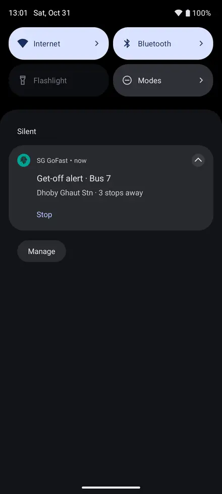 Android notification “Get-off alert · Bus 7” showing Dhoby Ghaut Stn 3 stops away, with a Stop button