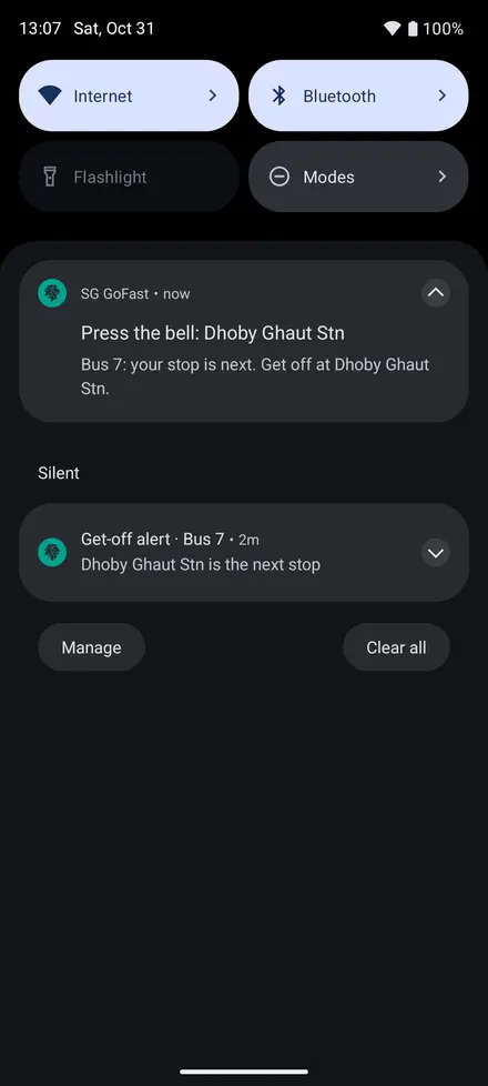Notification “Press the bell: Dhoby Ghaut Stn” for Bus 7