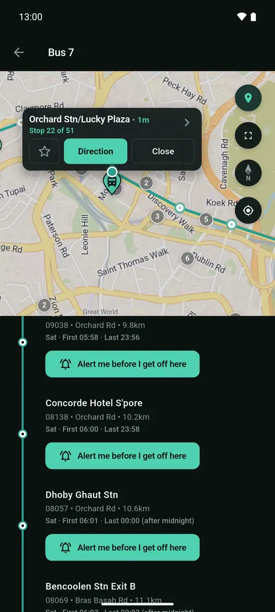 A bus route in SG GoFast with “Alert me before I get off here” on each stop