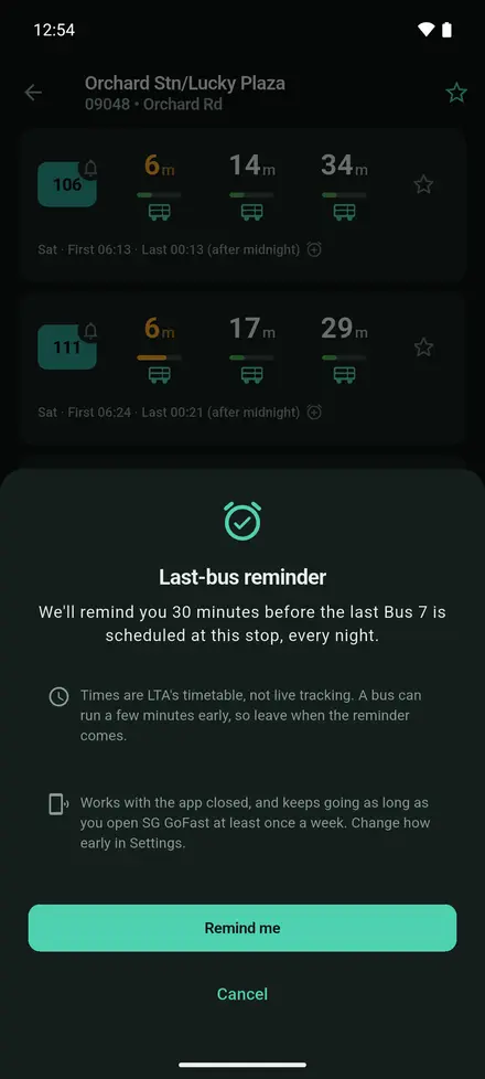 The last-bus reminder sheet in SG GoFast with the Remind me button