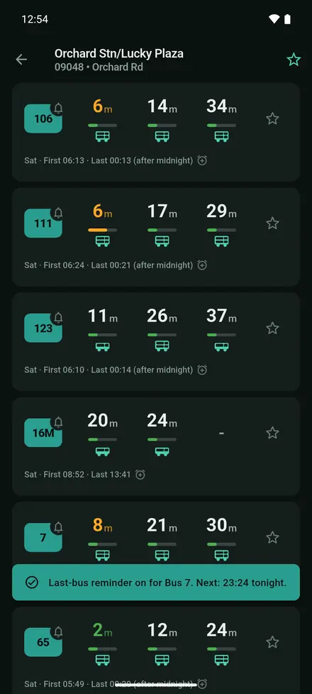 Message “Last-bus reminder on for Bus 7. Next: 23:24 tonight.”