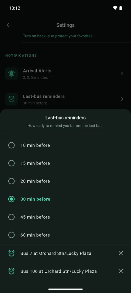 Last-bus reminder settings: how early to remind you, and the reminders that are on