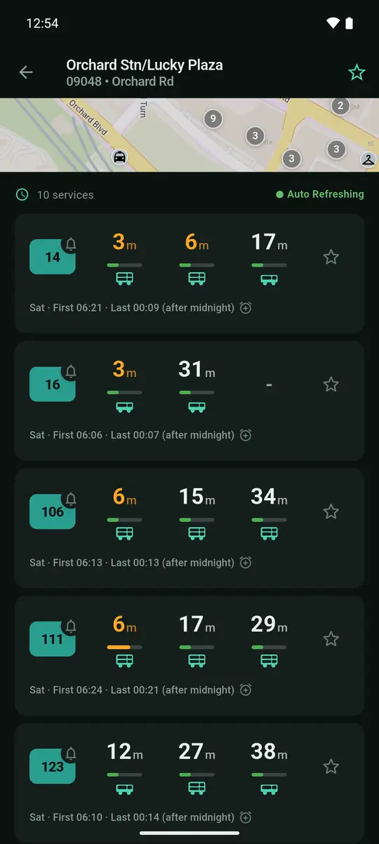 A bus stop in SG GoFast showing First and Last times under each bus