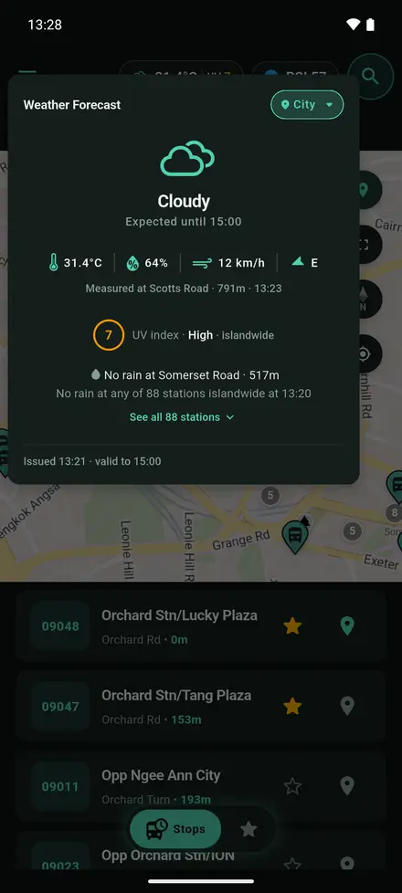 The SG GoFast weather card with measured readings and rain at NEA stations