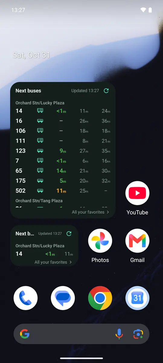 Two SG GoFast bus widgets on an Android home screen