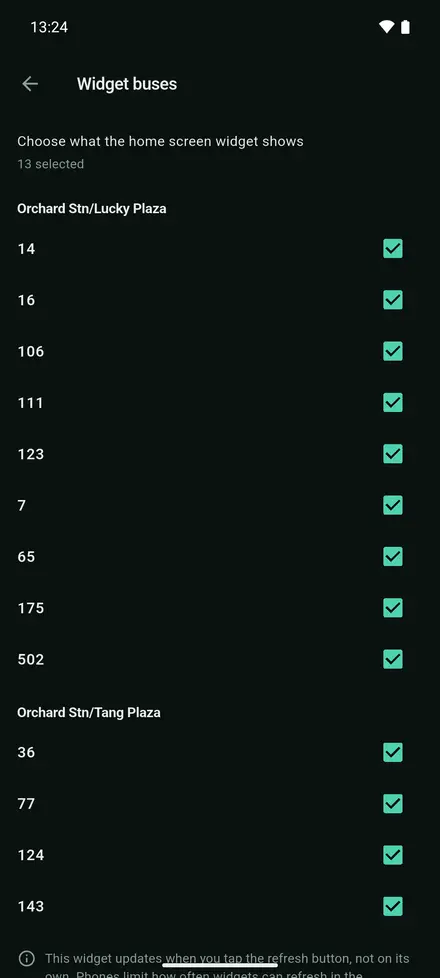 Widget buses settings with the buses chosen for the widget, grouped by stop